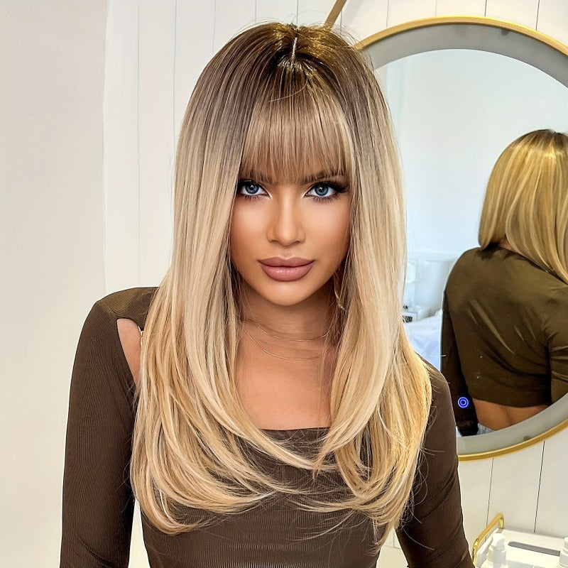 Sleek & Stylish Long Straight Synthetic Wig with Bangs - 13x4 Lace Front, Rose Net Cap, 100% Density, Natural Look for Women, All Light Beige Tones, Beginner-Friendly for Everyday & Special Occasions